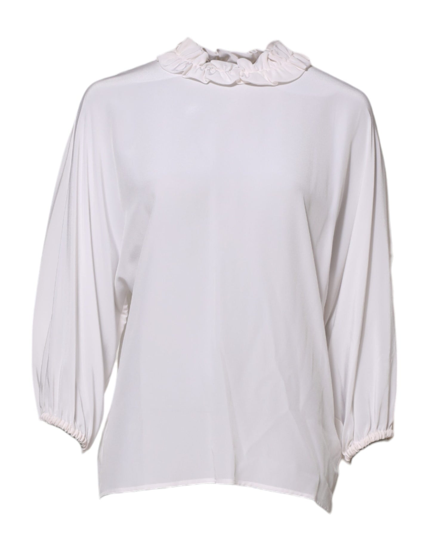 Blusa blanca con escote fruncido y volantes