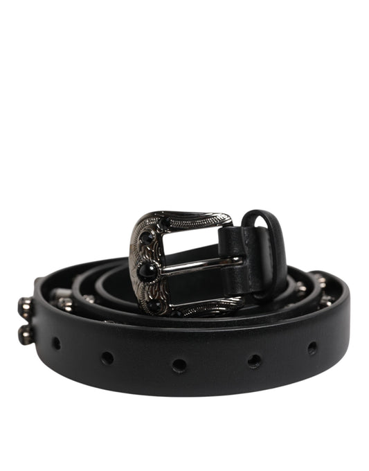 Ceinture en cuir noir clouté avec boucle en métal et logo