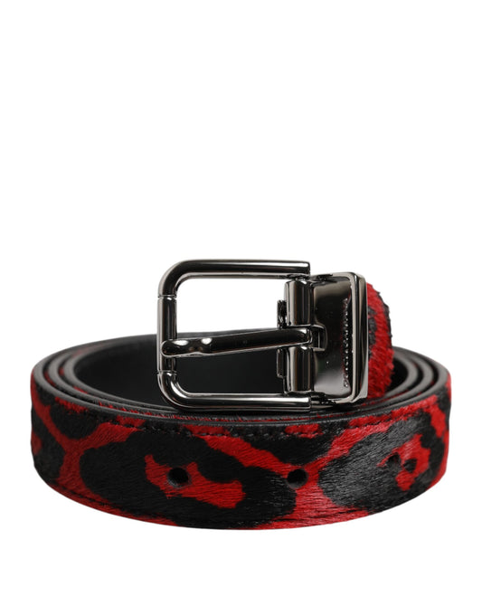 Ceinture à boucle en métal argenté léopard noir rouge