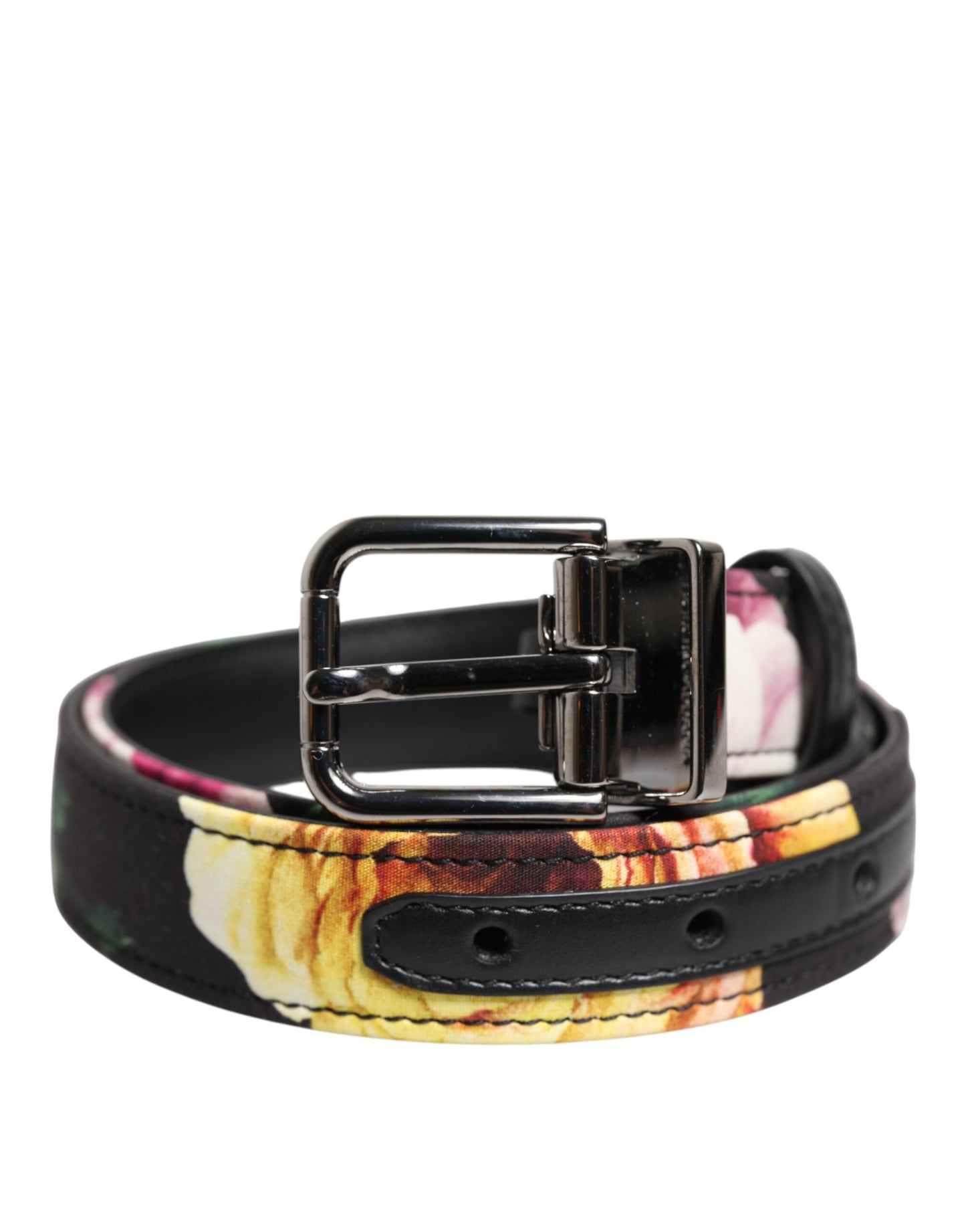 Ceinture à boucle en métal argenté et brocart floral noir