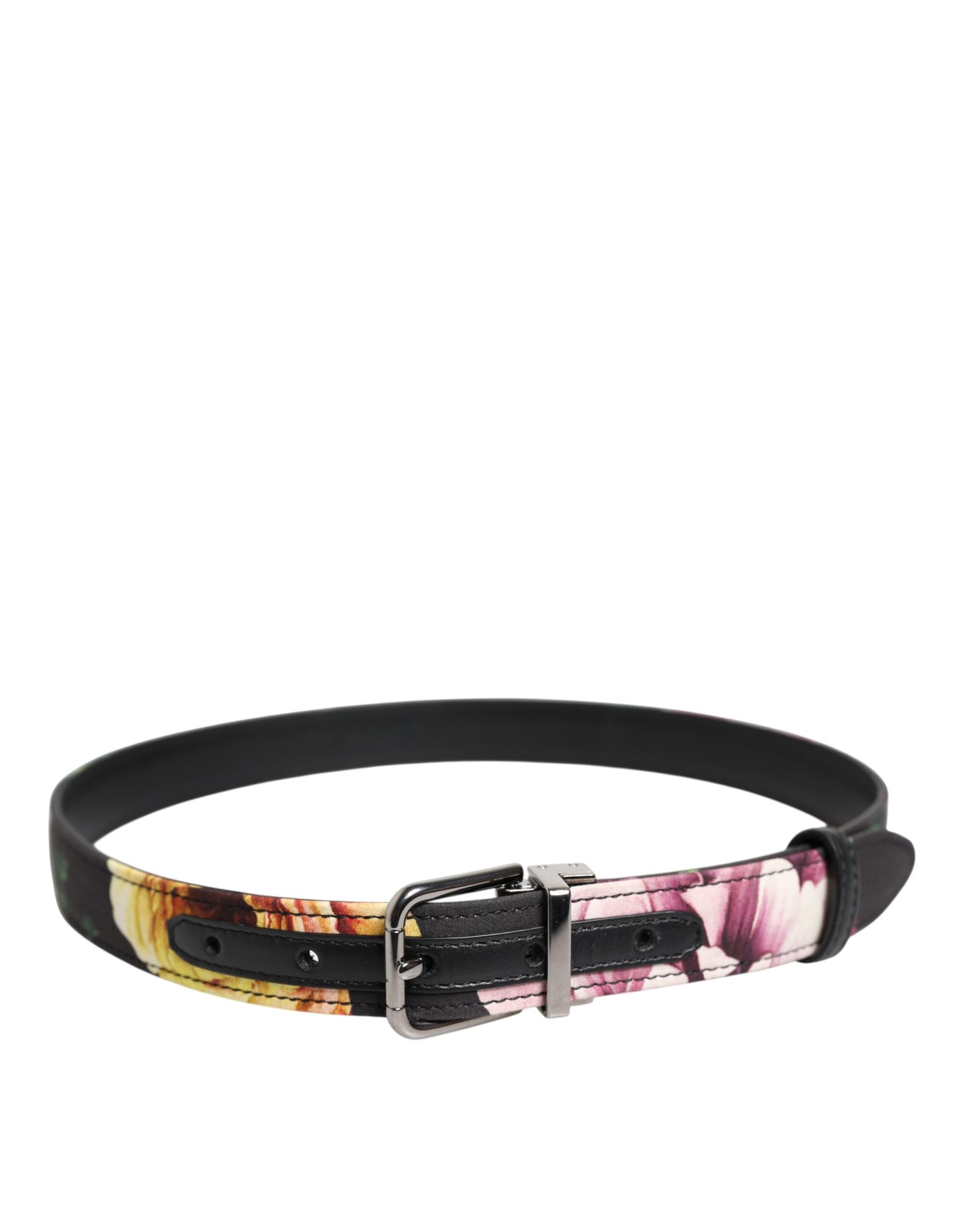 Ceinture à boucle en métal argenté et brocart floral noir