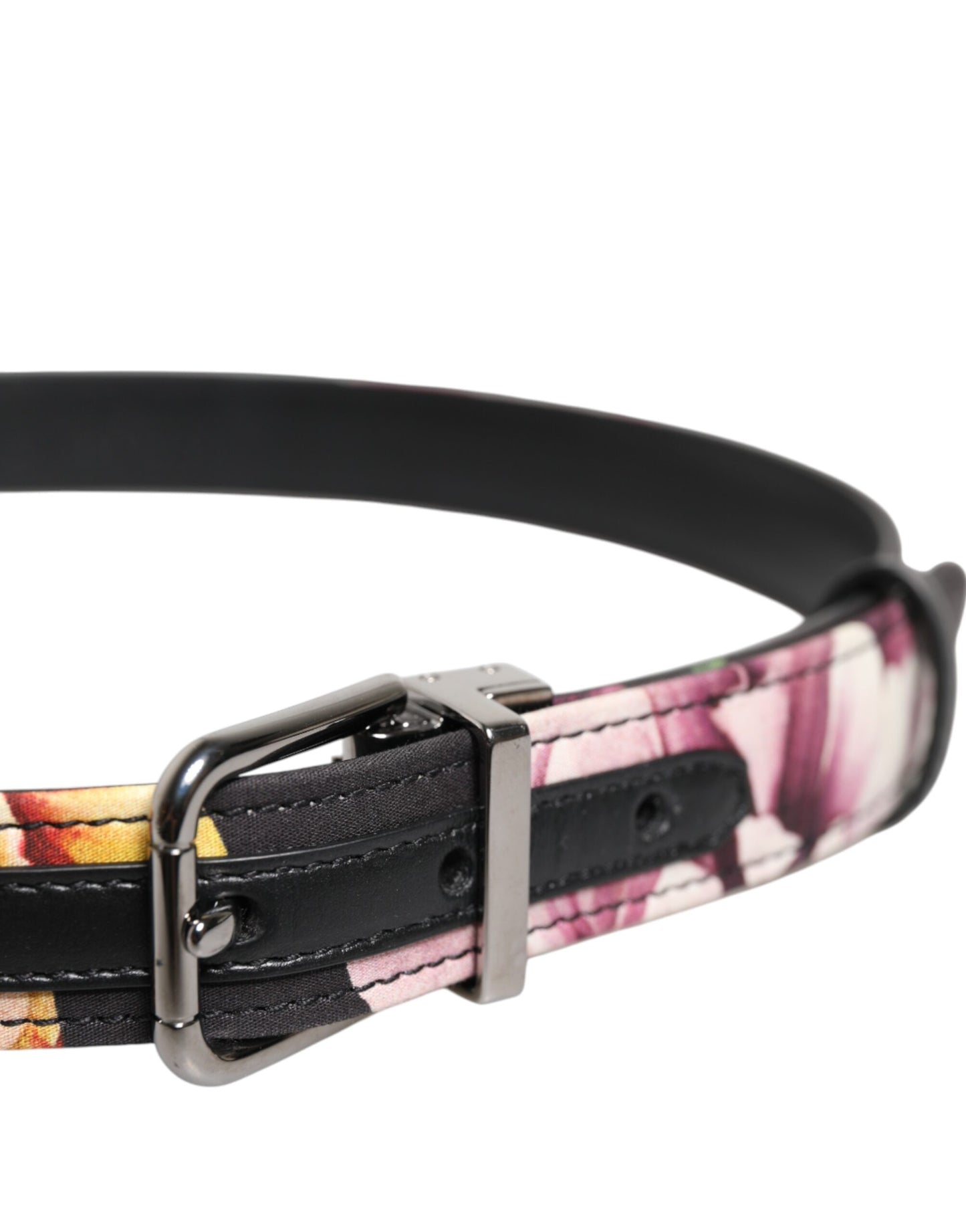 Ceinture à boucle en métal argenté et brocart floral noir