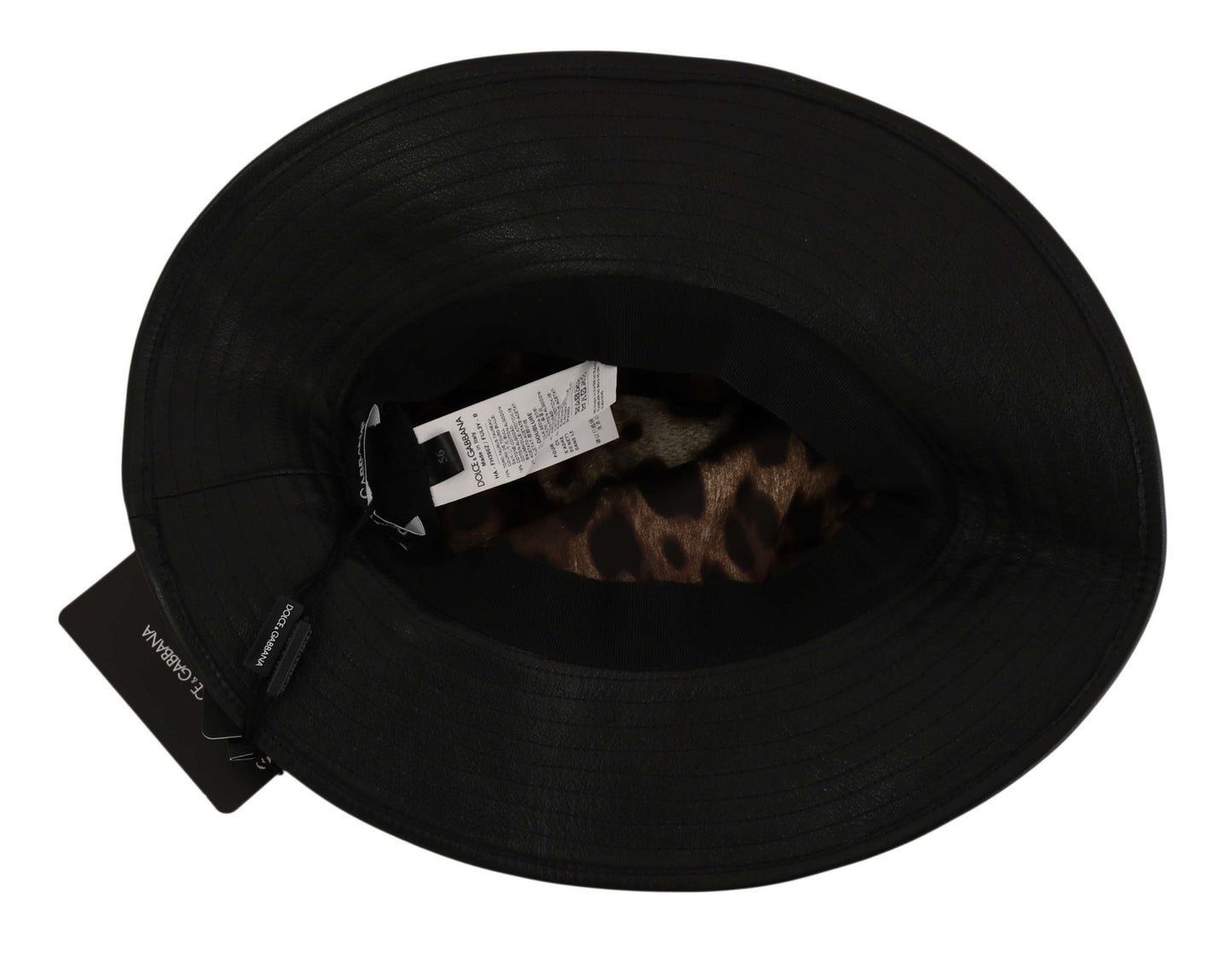 Sombrero de ala ancha con cristales y monedas DG de cuero negro
