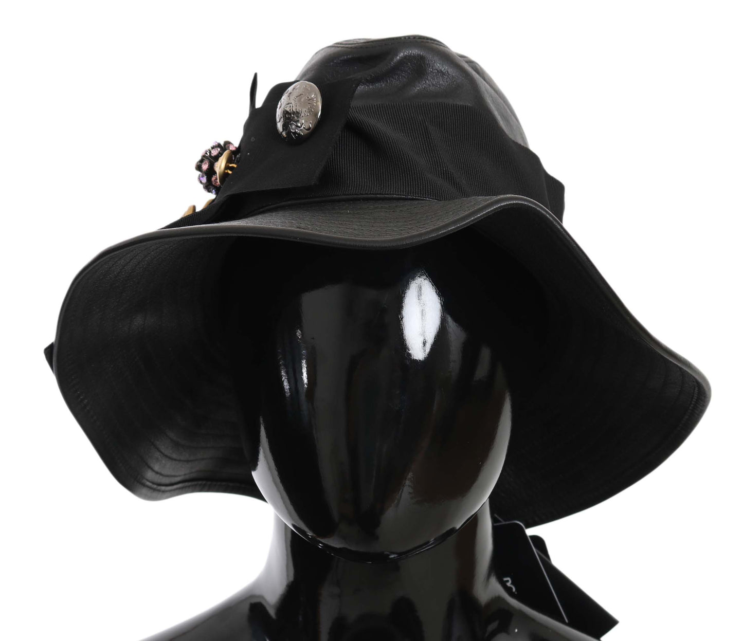 Sombrero de ala ancha con cristales y monedas DG de cuero negro