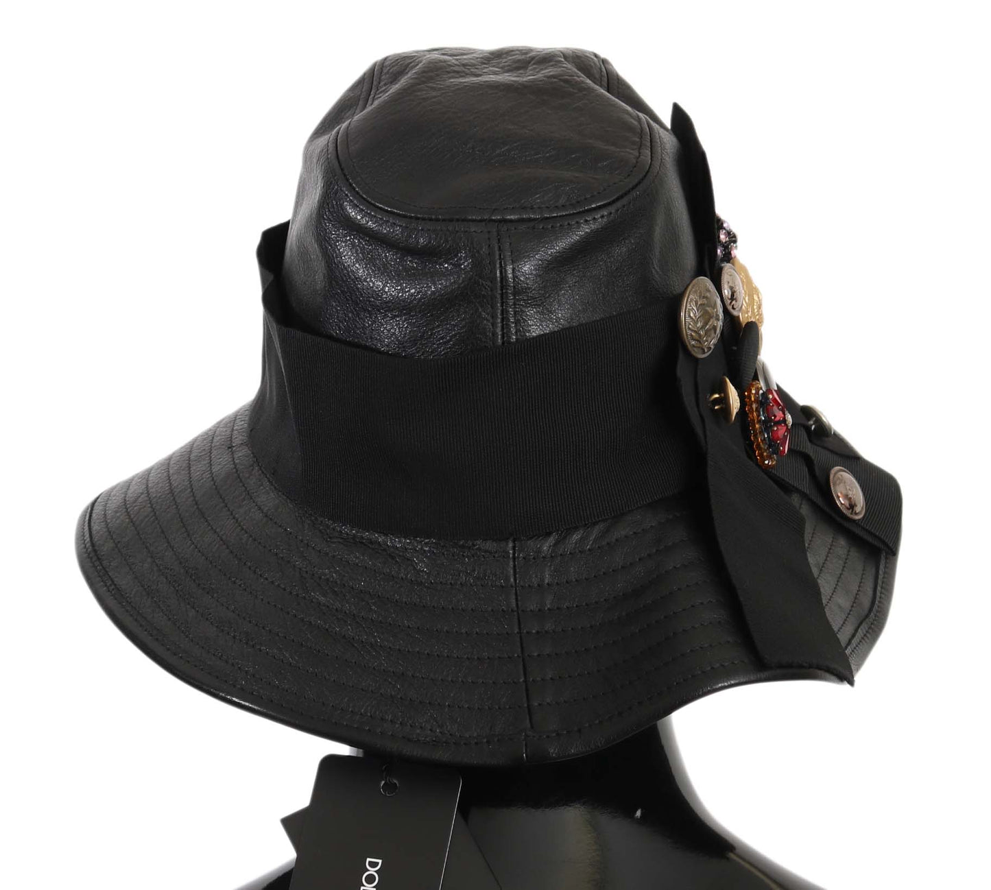 Sombrero de ala ancha con cristales y monedas DG de cuero negro