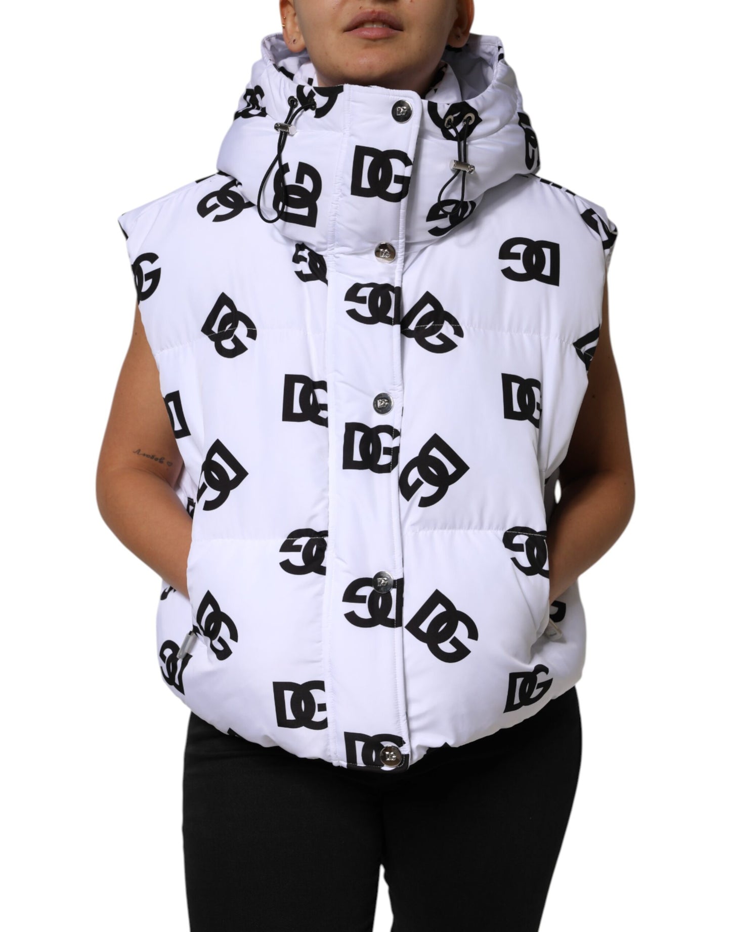 Chaqueta acolchada de poliéster DG Mania blanca y negra