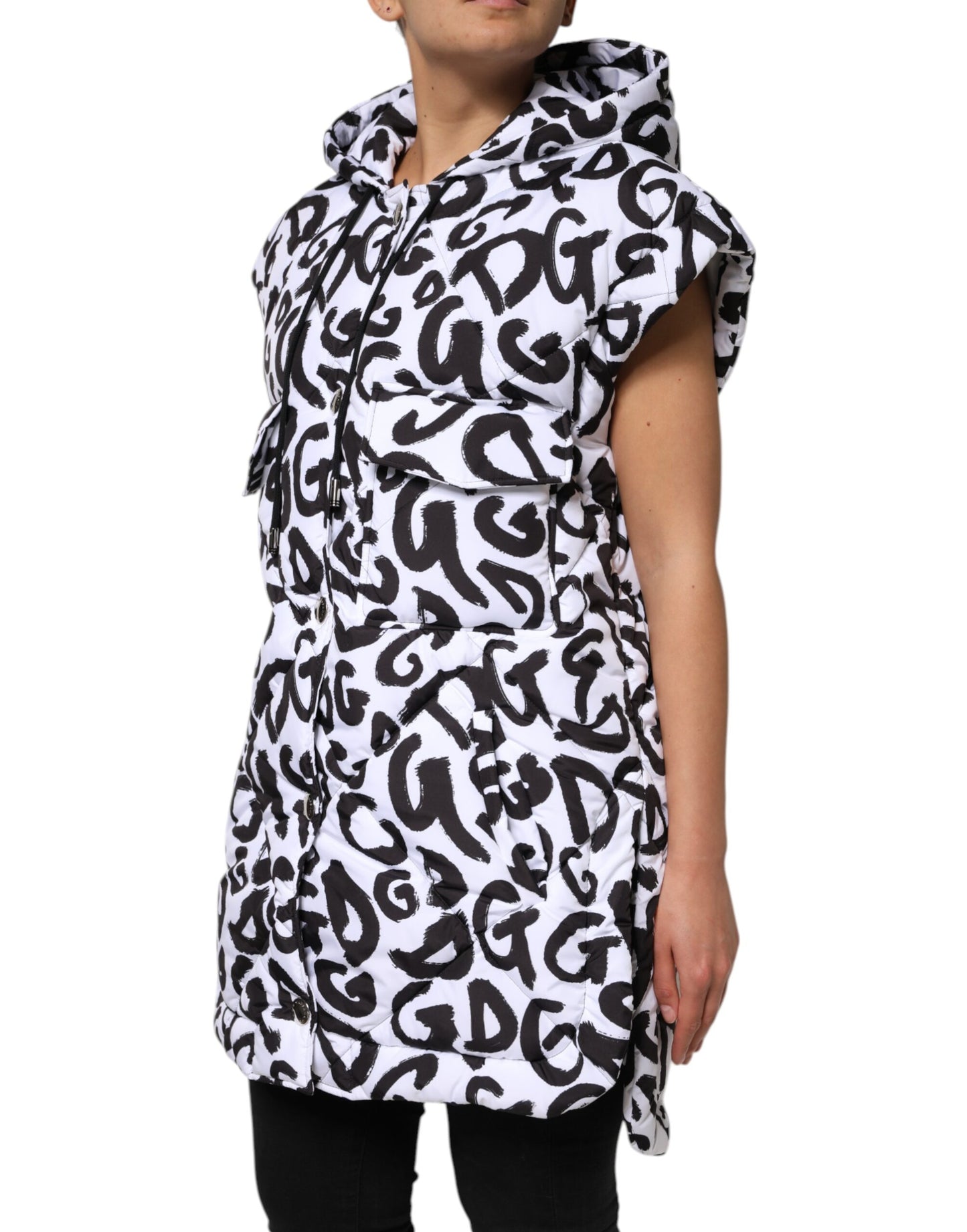 Chaqueta acolchada blanca sin mangas con capucha DG Mania