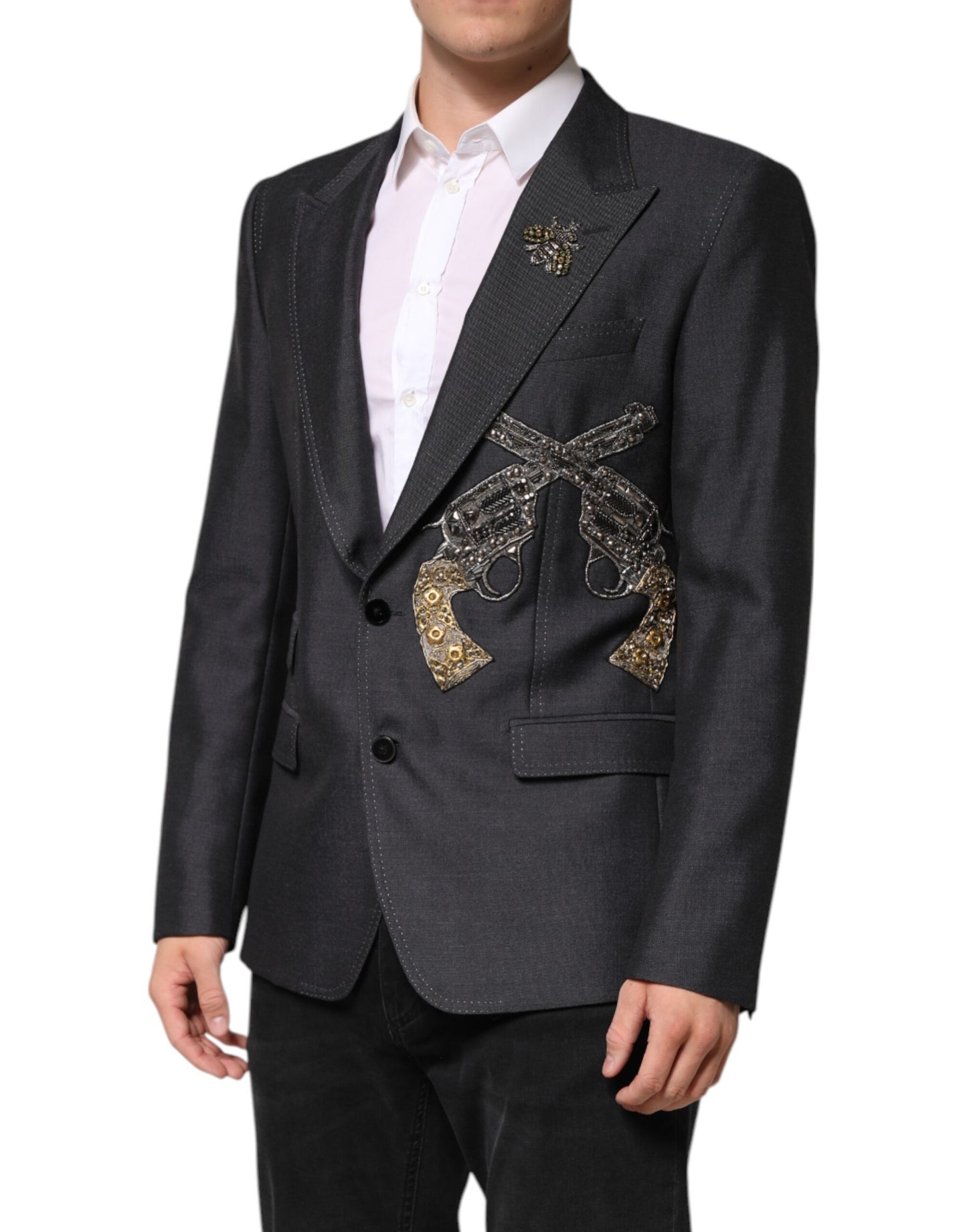Abrigo tipo blazer SICILIA con bordado de abeja en gris oscuro