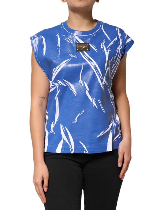 Camiseta sin mangas de algodón azul y blanco con placa del logotipo para mujer