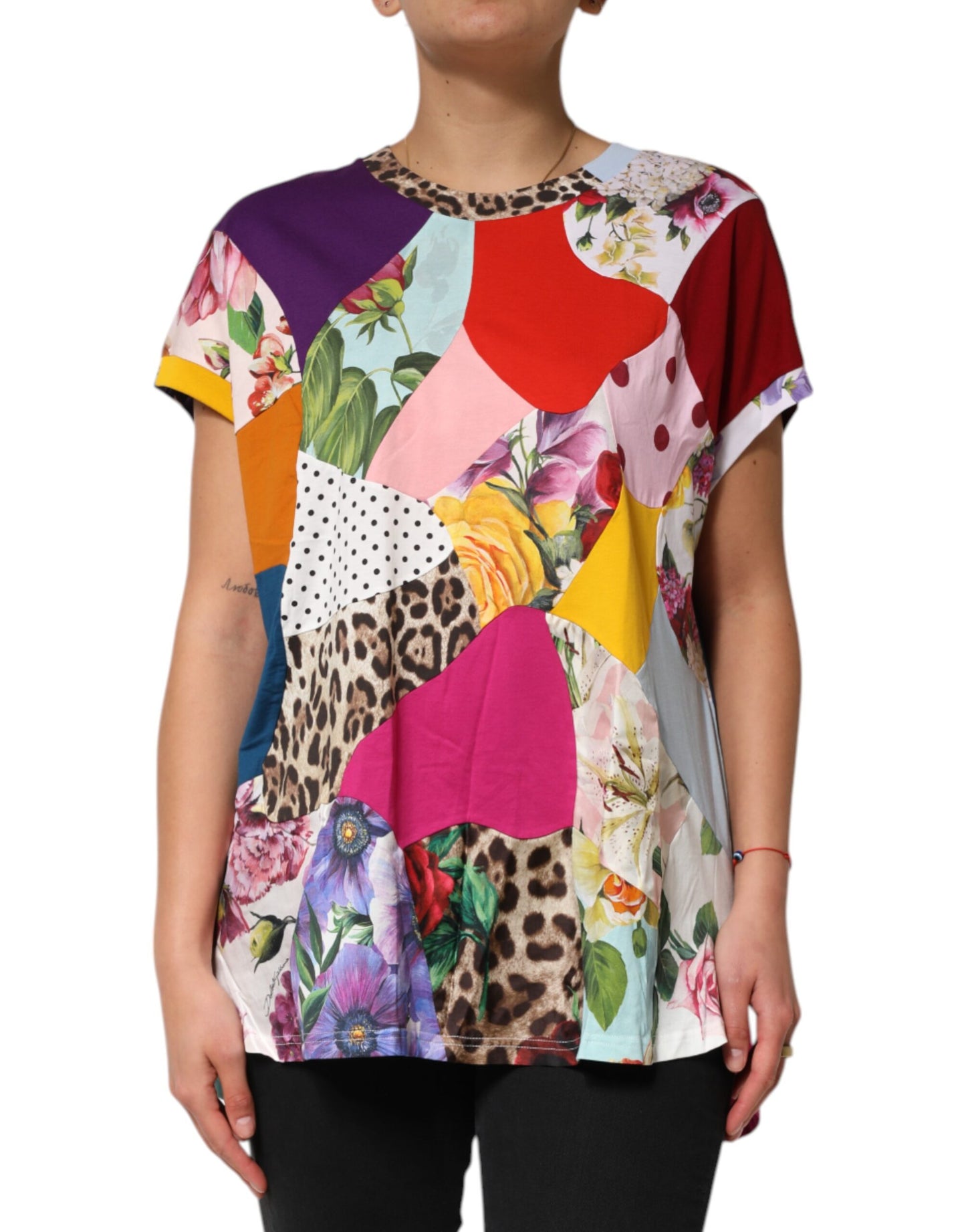 Blusa de seda y algodón con patchwork multicolor