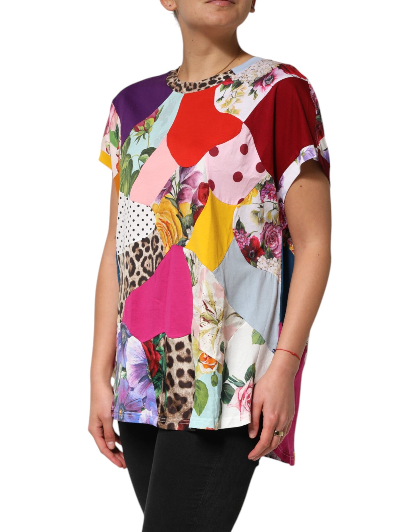 Blusa de seda y algodón con patchwork multicolor