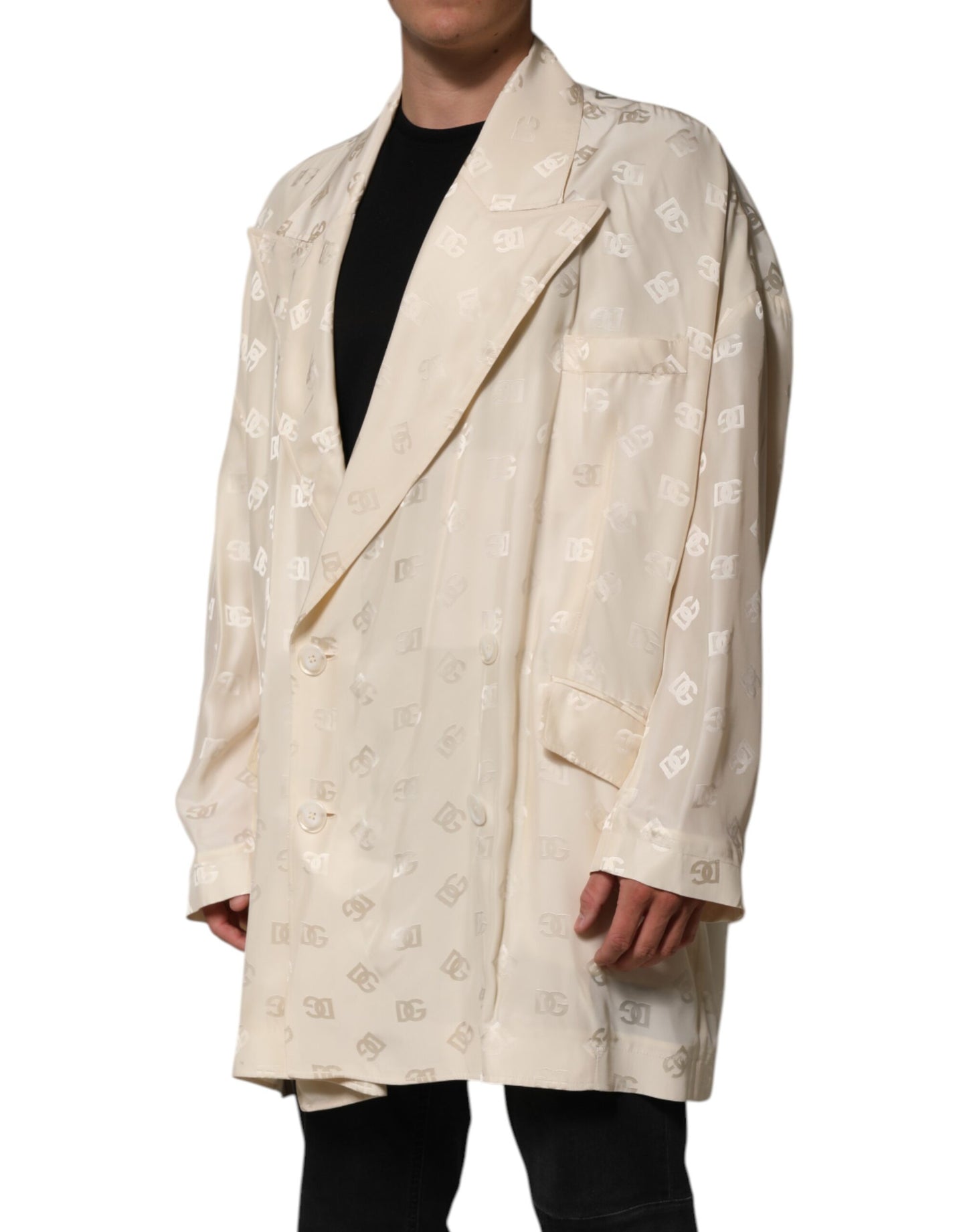 Chaqueta de poliéster beige con monograma y logotipo
