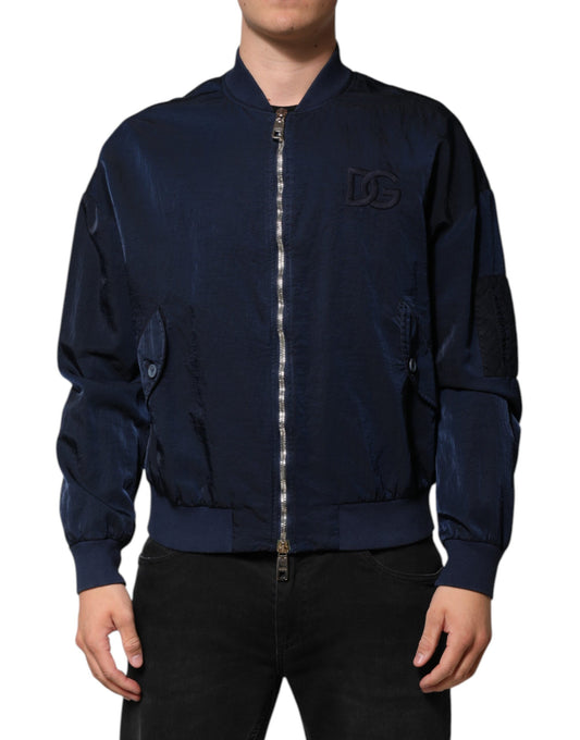 Chaqueta bomber de nailon azul con bordado DG para hombre