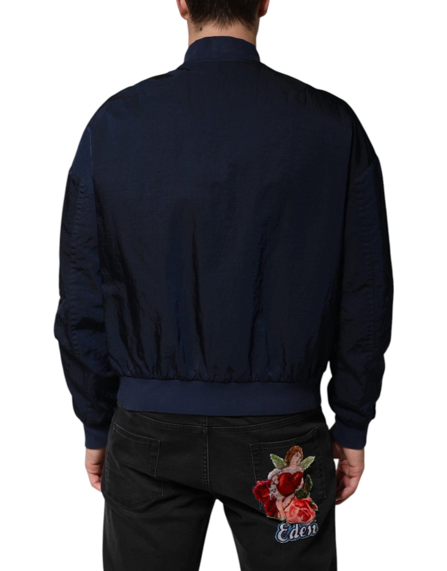 Chaqueta bomber de nailon azul con bordado DG para hombre