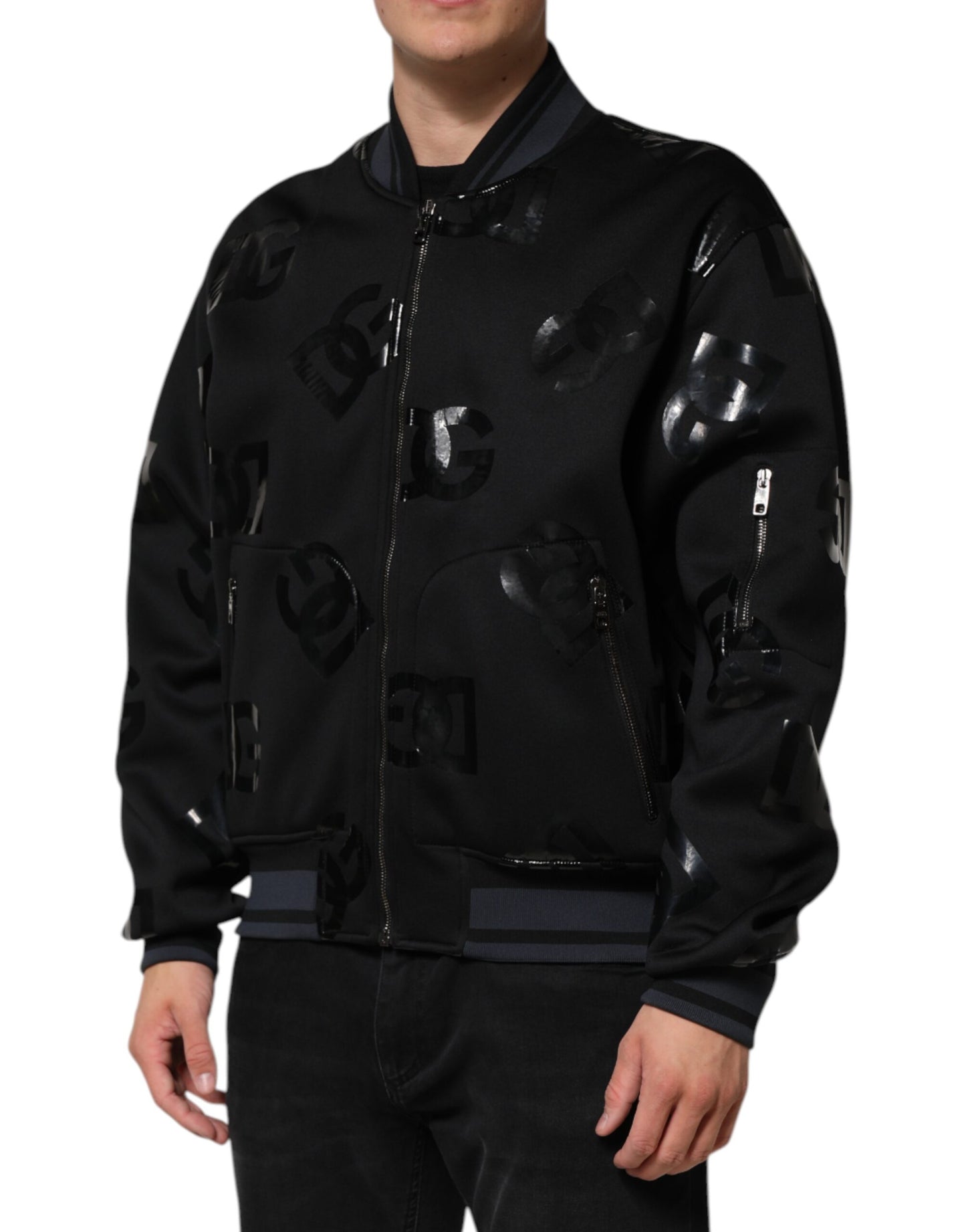 Chaqueta bomber de lana negra con logotipo de DG Mania para hombre