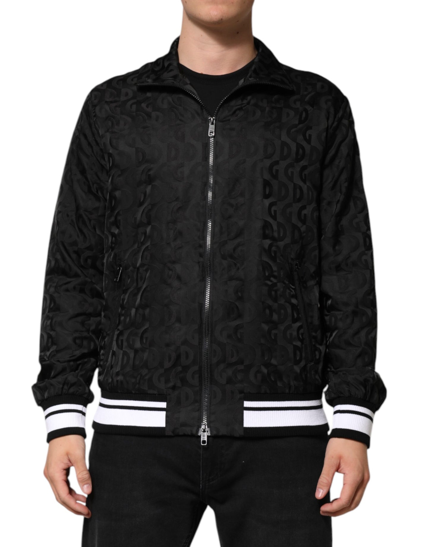 Suéter bomber con cremallera completa y jacquard negro para hombre