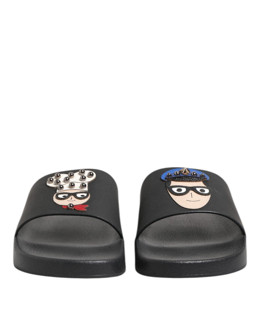 Sandalias de cuero negro, zapatos planos para la playa