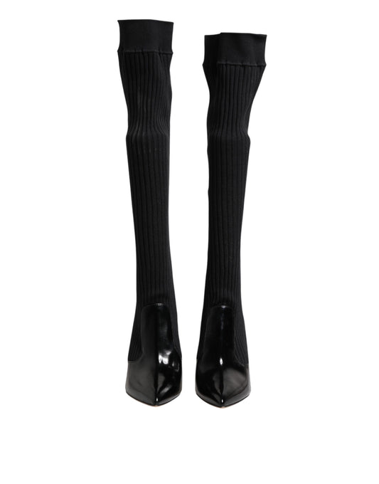 Botas hasta la rodilla de punto acanalado de cuero negro
