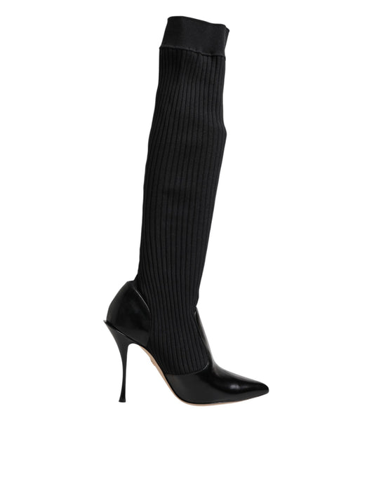 Botas hasta la rodilla de punto acanalado de cuero negro