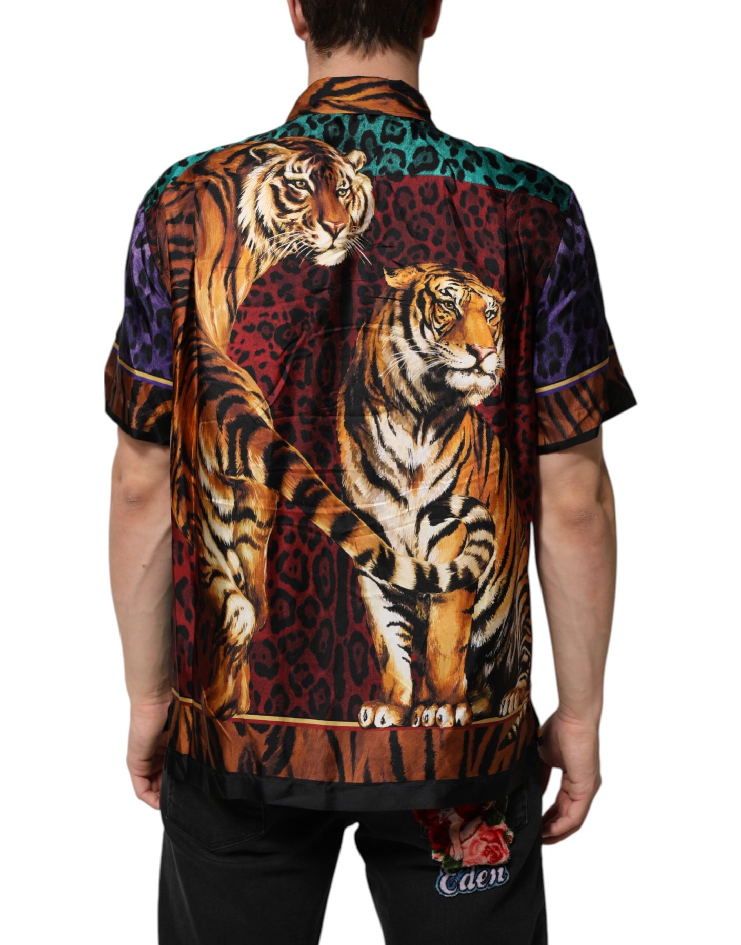 T-shirt hawaïen en soie multicolore à imprimé tigre
