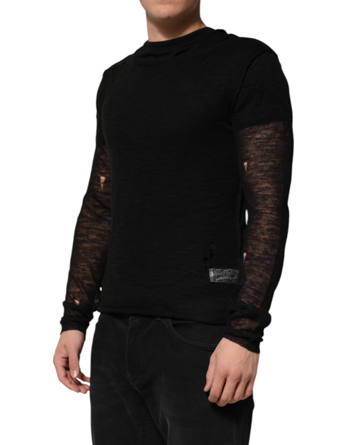 T-shirt à manches longues en maille de lin noir déchiré