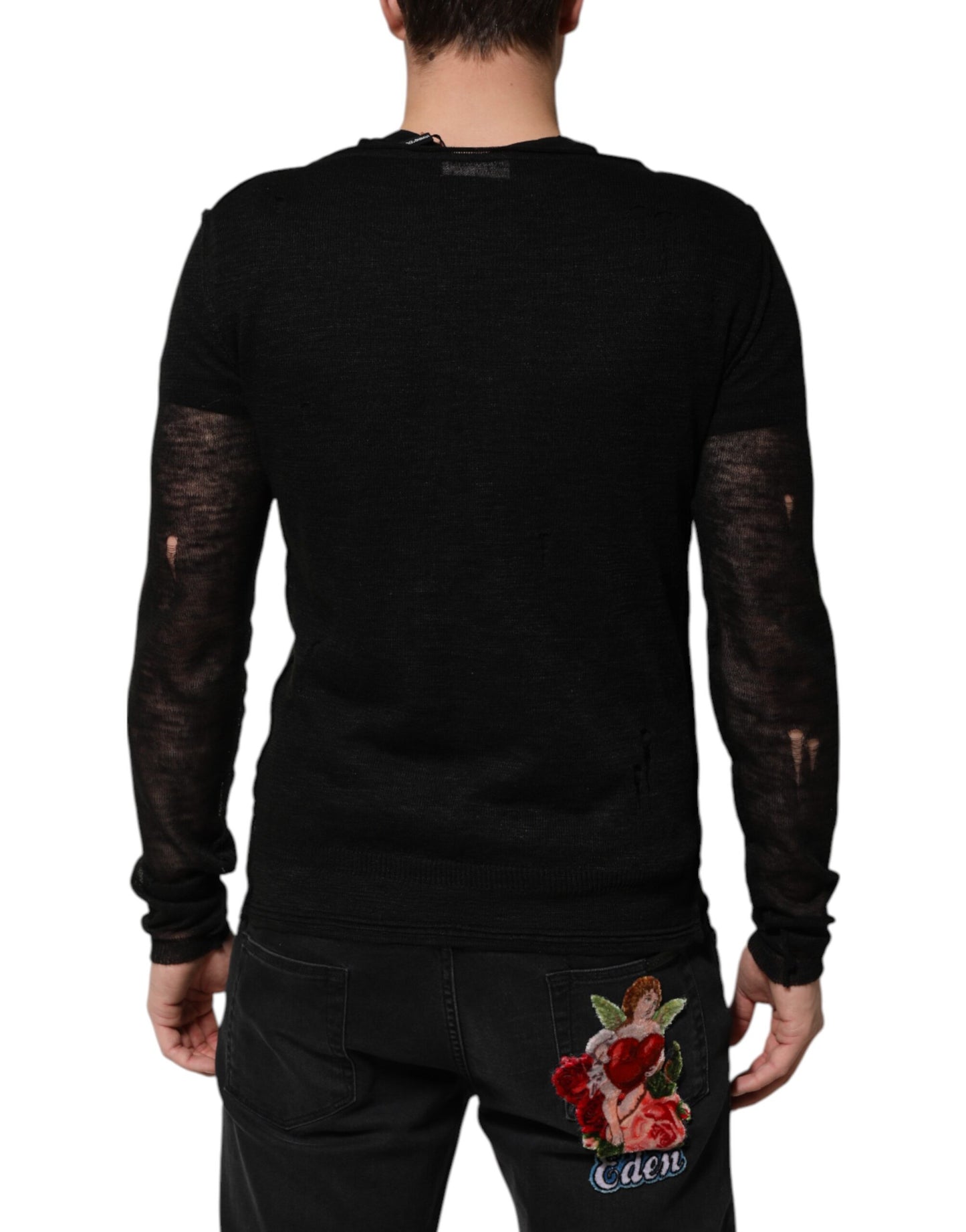 T-shirt à manches longues en maille de lin noir déchiré