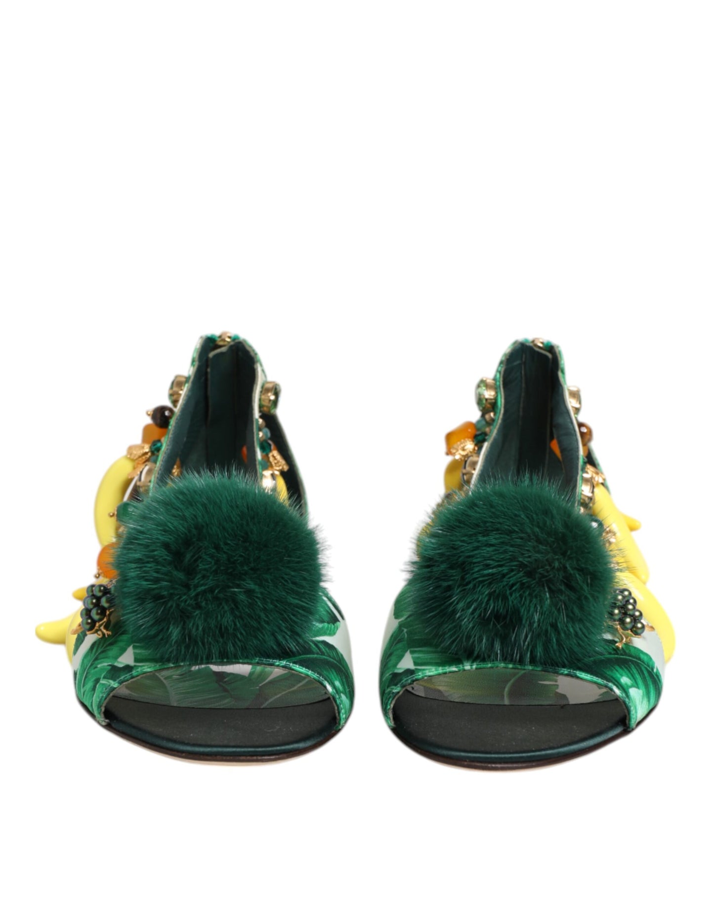 Sandalias de satén con hojas de plátano y piel de visón verde