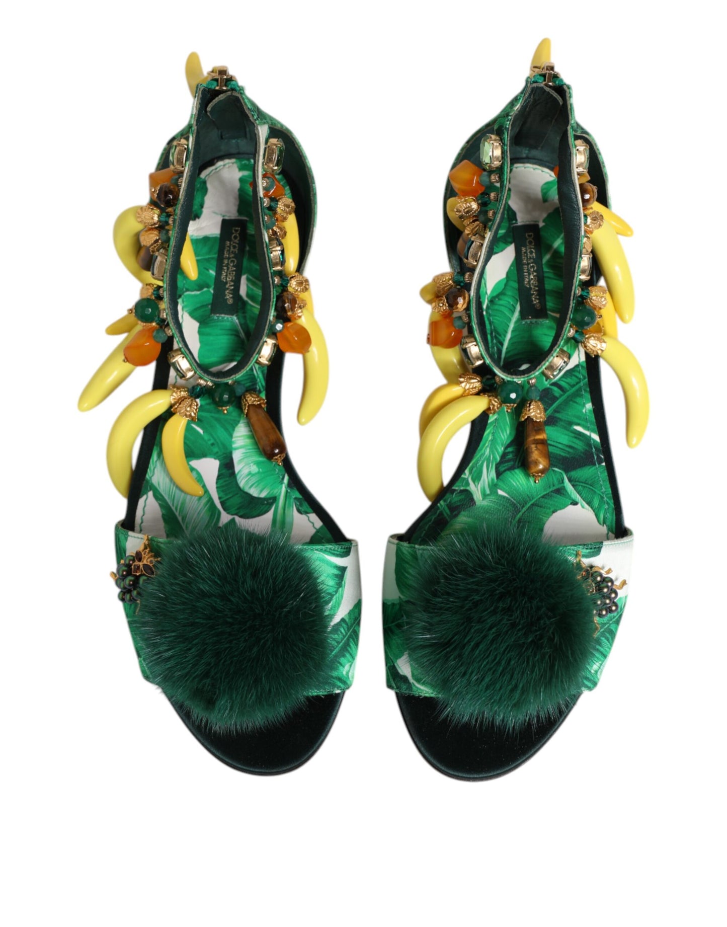 Sandalias de satén con hojas de plátano y piel de visón verde