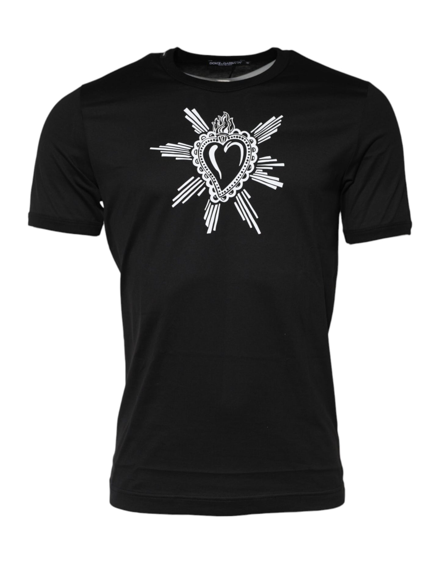 Camiseta negra de algodón con cuello redondo del Sagrado Corazón