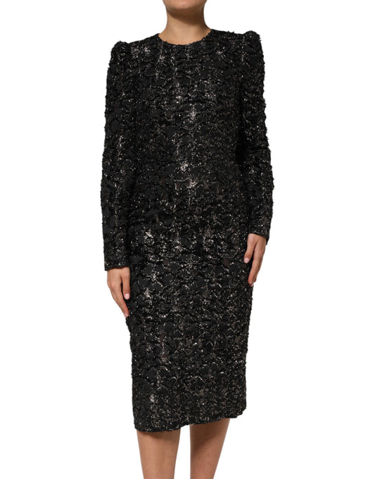 Robe fourreau en tweed bouclé à sequins noirs