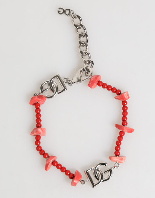 Pulsera para hombre con cadena de latón plateado con cuentas de resina y logotipo DG