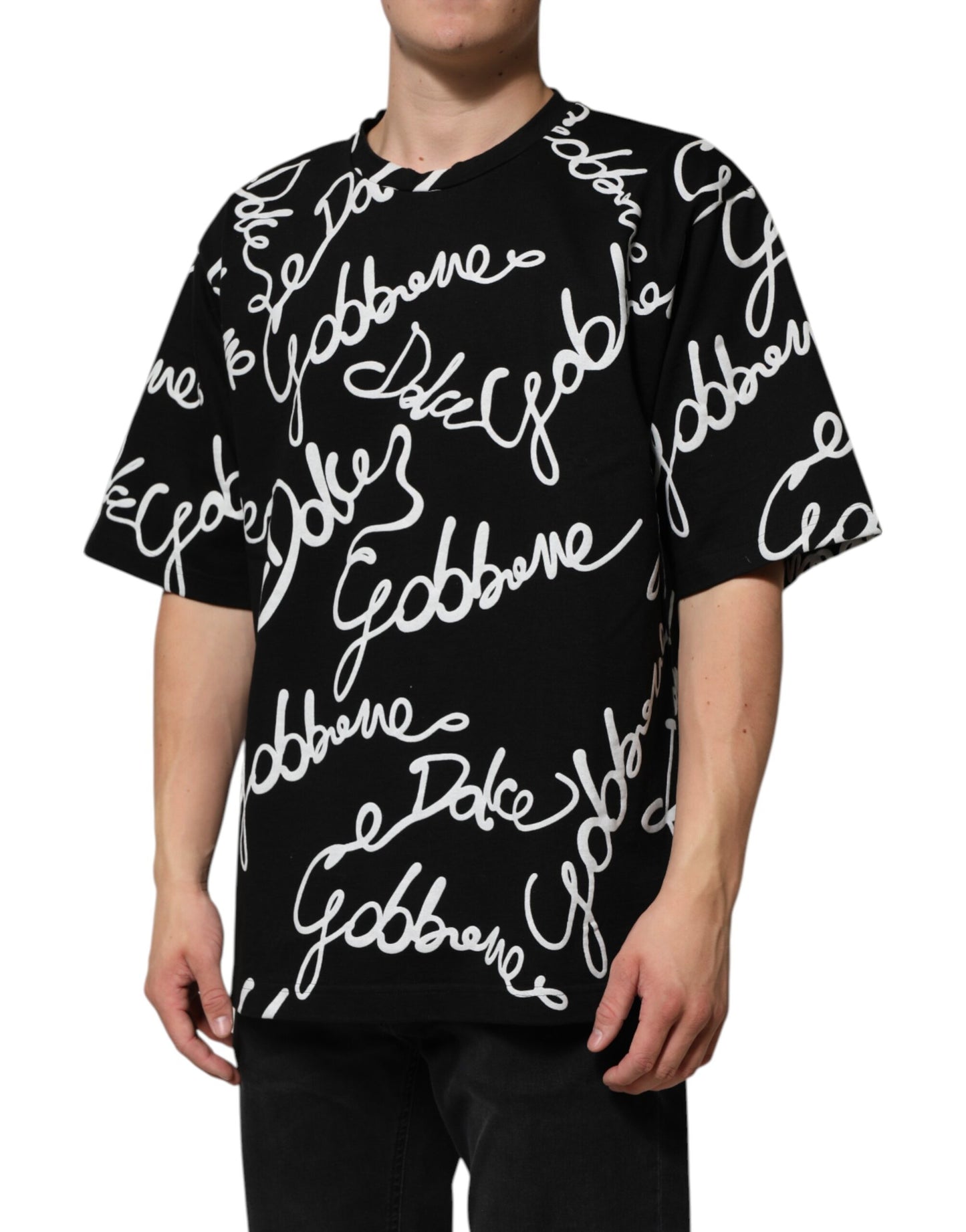Camiseta de algodón con cuello redondo y estampado de logotipo negro