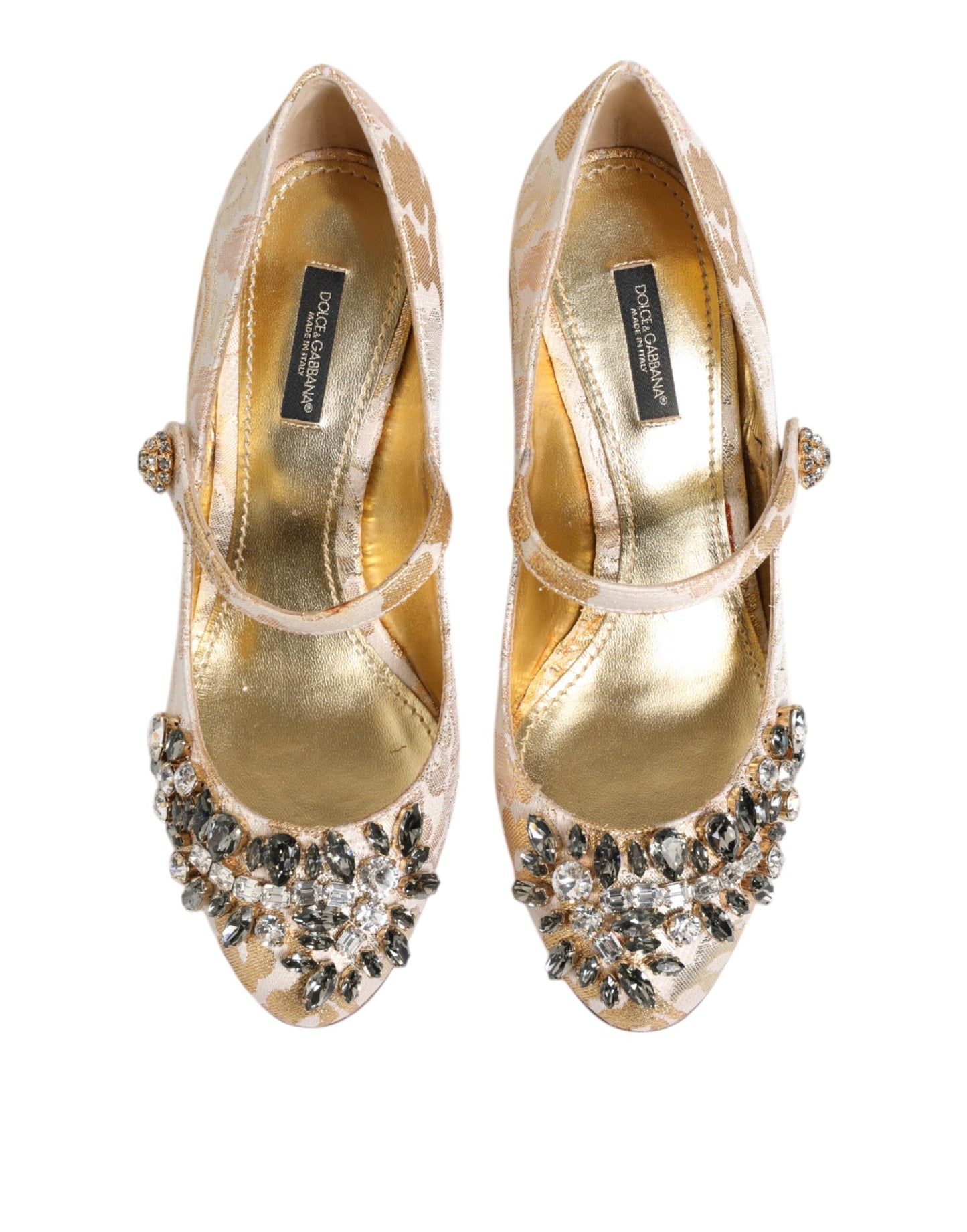 Zapatos Mary Jane con cristales y jacquard dorado