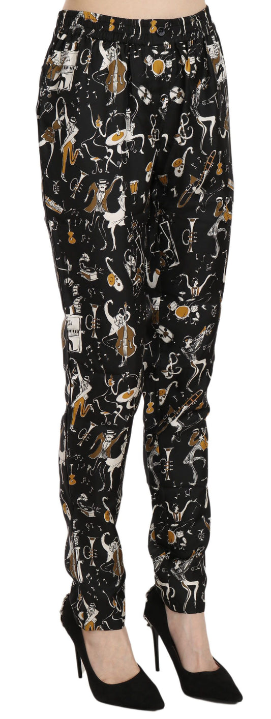 Pantalones cónicos de cintura alta con estampado de club de jazz negro