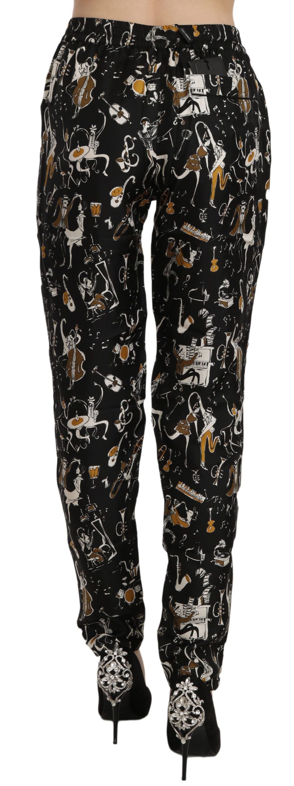 Pantalones cónicos de cintura alta con estampado de club de jazz negro