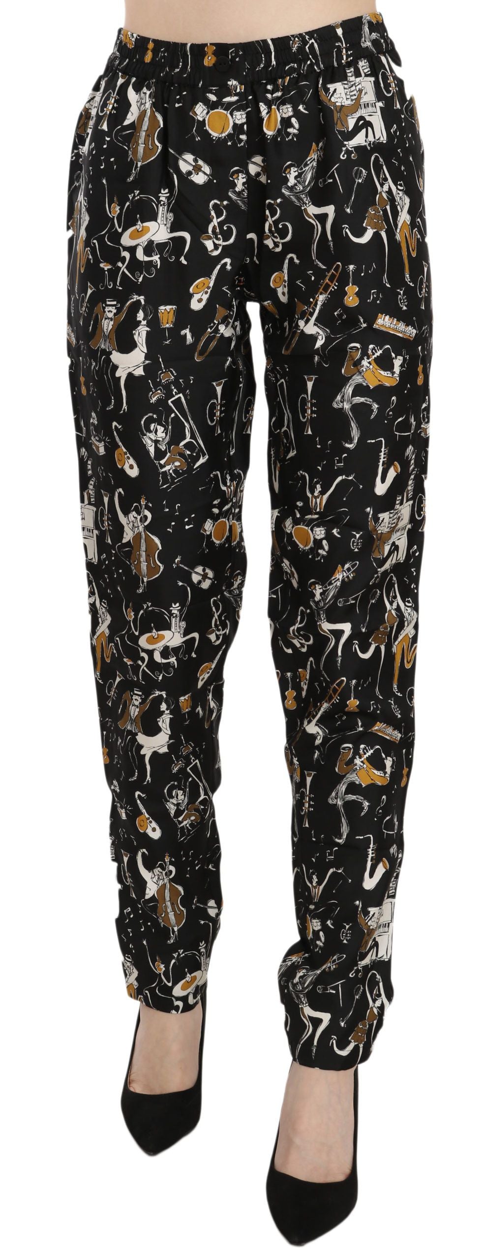 Pantalones cónicos de cintura alta con estampado de club de jazz negro