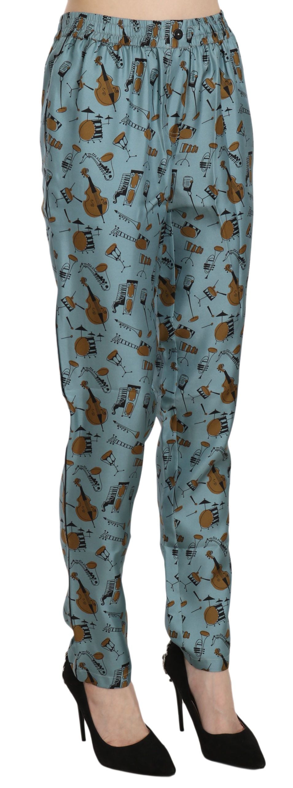 Pantalones cónicos con estampado de instrumentos musicales azules