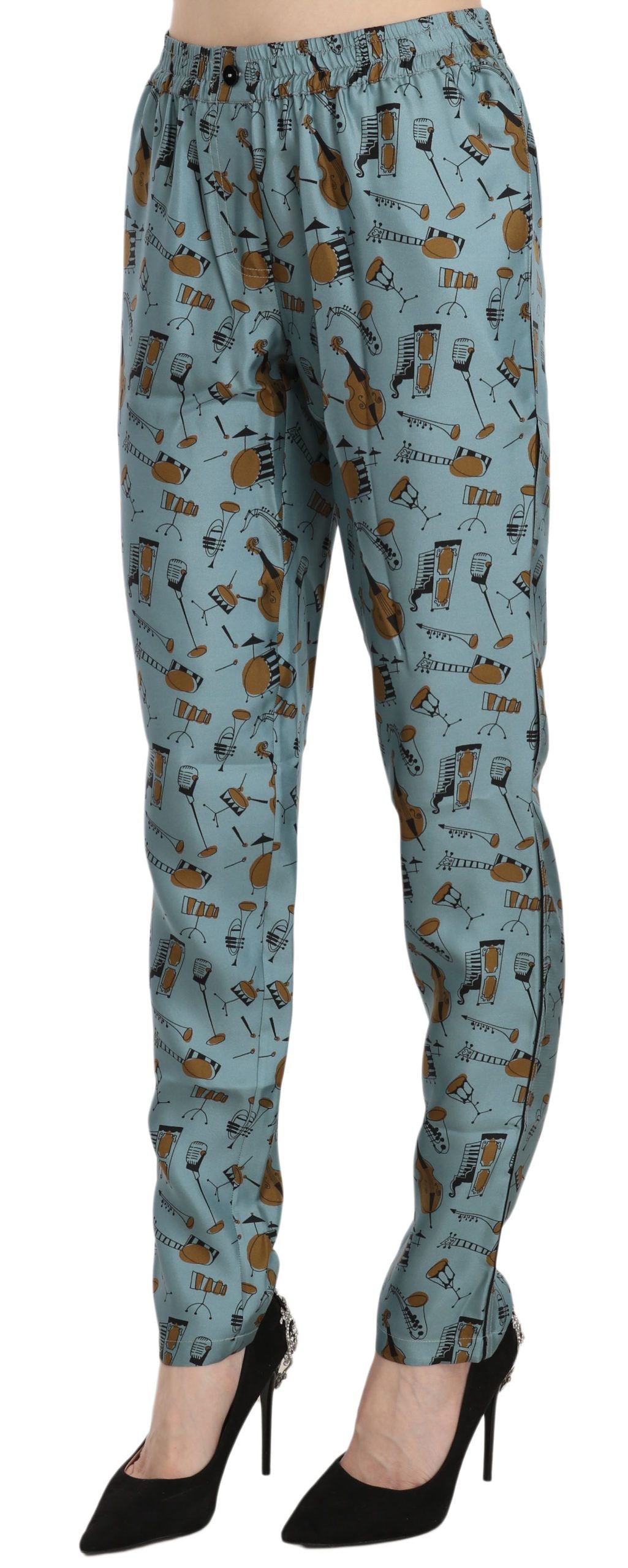 Pantalones cónicos con estampado de instrumentos musicales azules