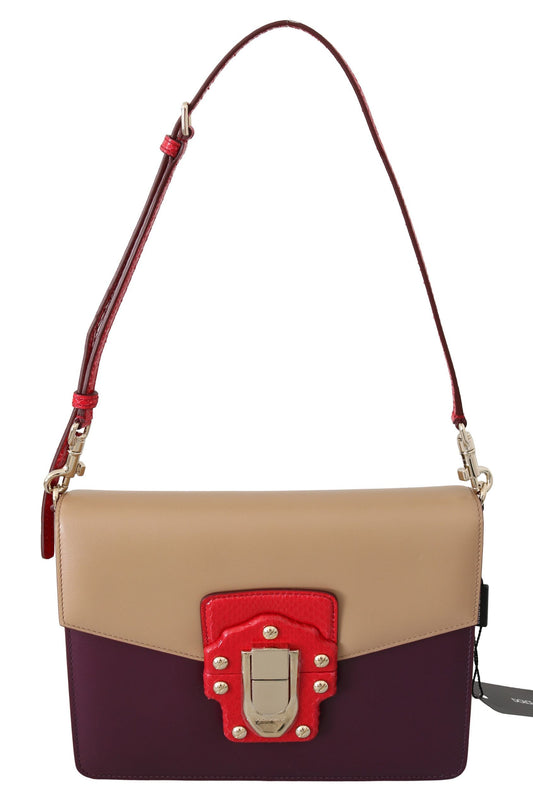Bolso bandolera de piel color morado, beige y rojo