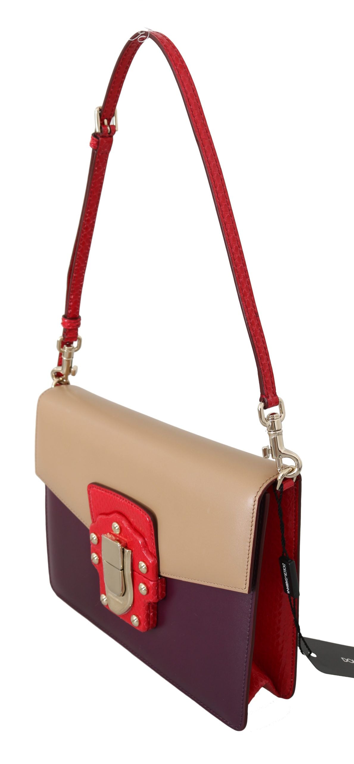 Bolso bandolera de piel color morado, beige y rojo