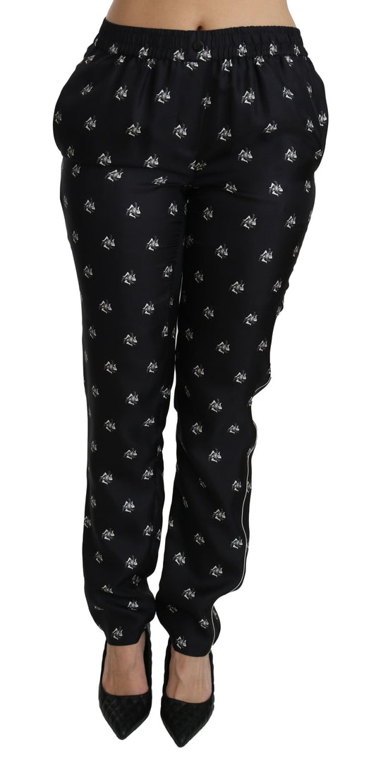 Pantalones ajustados de seda con cintura media y estampado negro