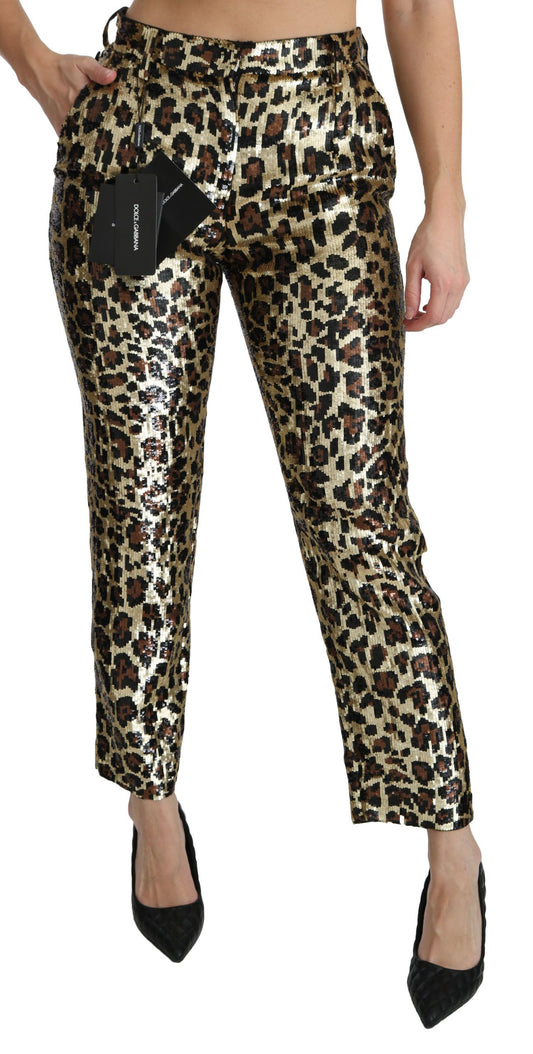 Pantalones de cintura alta con lentejuelas de leopardo marrón