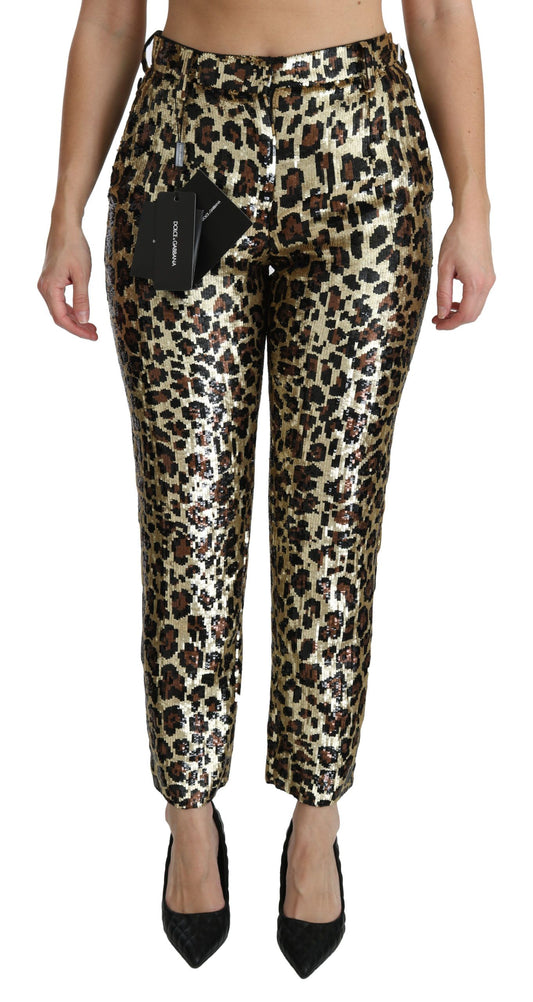 Pantalones de cintura alta con lentejuelas de leopardo marrón