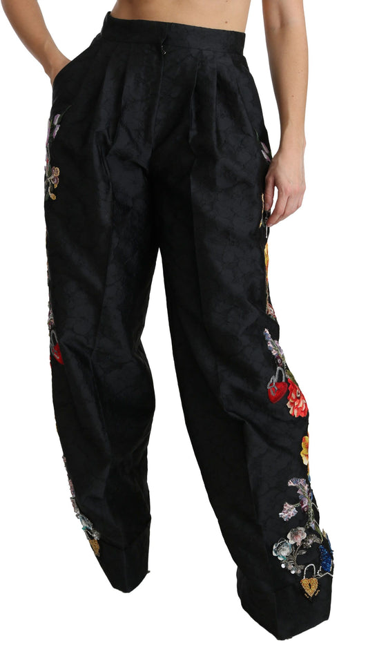 Pantalones de brocado negro con flores, lentejuelas y cuentas