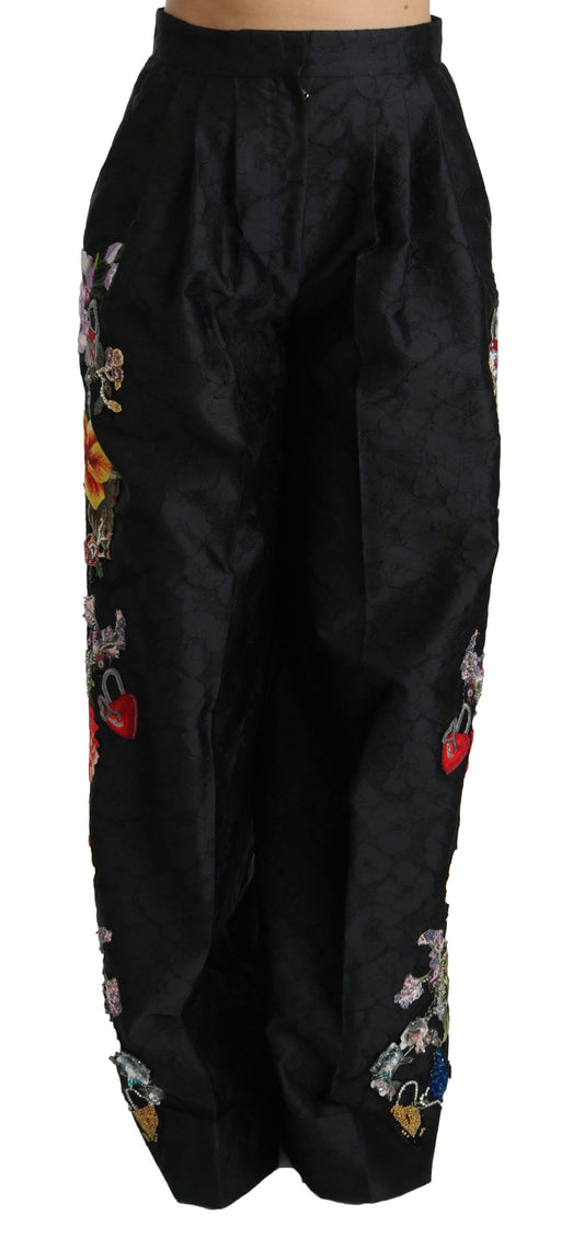 Pantalones de brocado negro con flores, lentejuelas y cuentas
