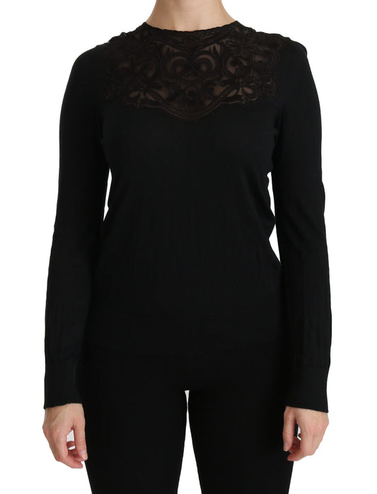 Blusa de manga larga con cuello redondo y encaje de seda negra