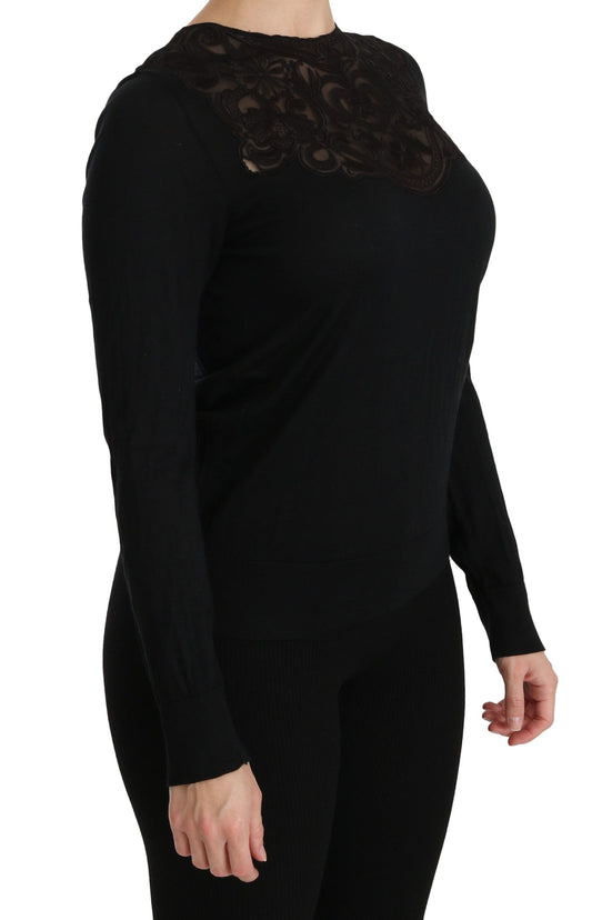 Blusa de manga larga con cuello redondo y encaje de seda negra