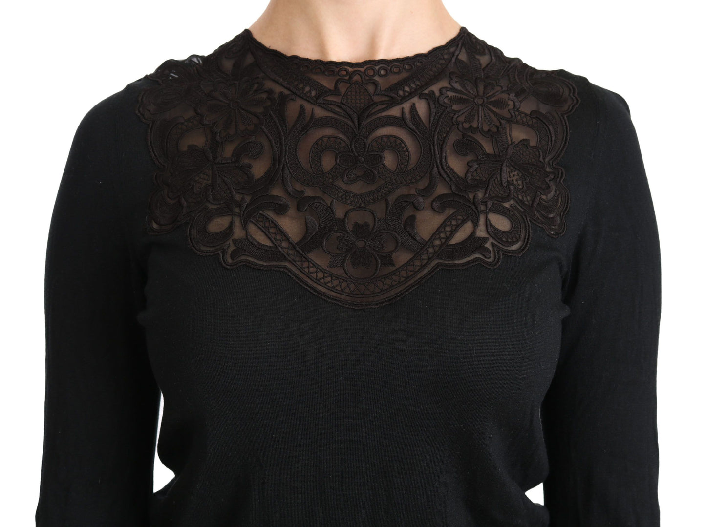 Blusa de manga larga con cuello redondo y encaje de seda negra