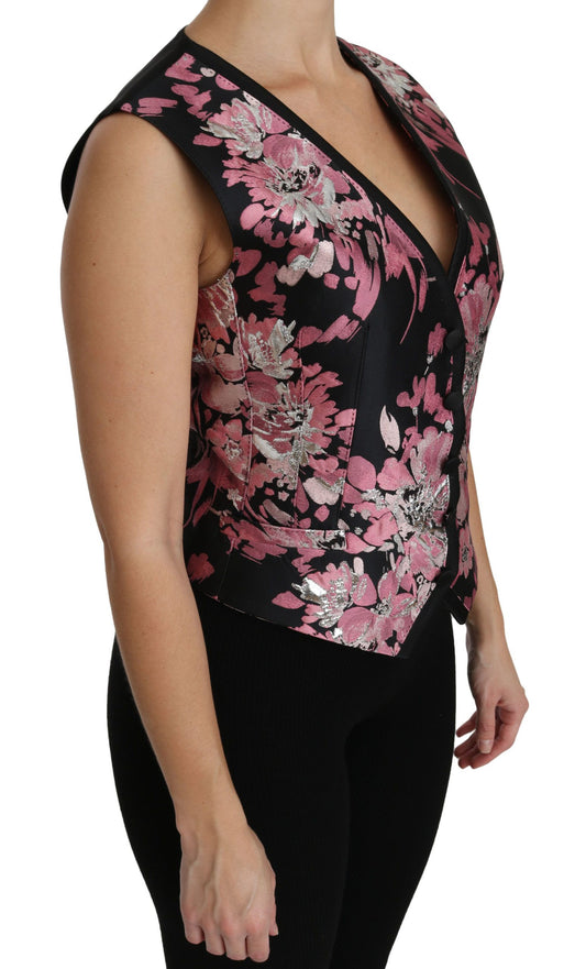 Top tipo blusa con chaleco floral negro y rosa