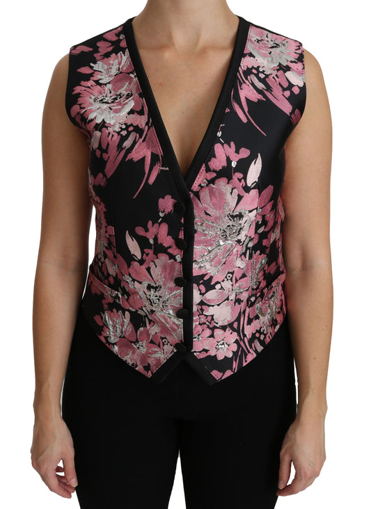 Top tipo blusa con chaleco floral negro y rosa